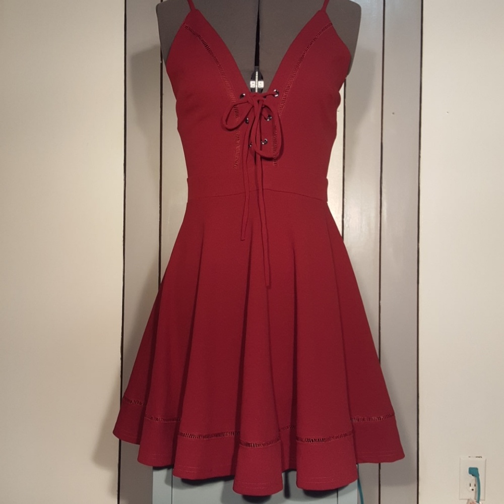 Deep Red Wine Colored Lace Up Cocktail Party Dress
